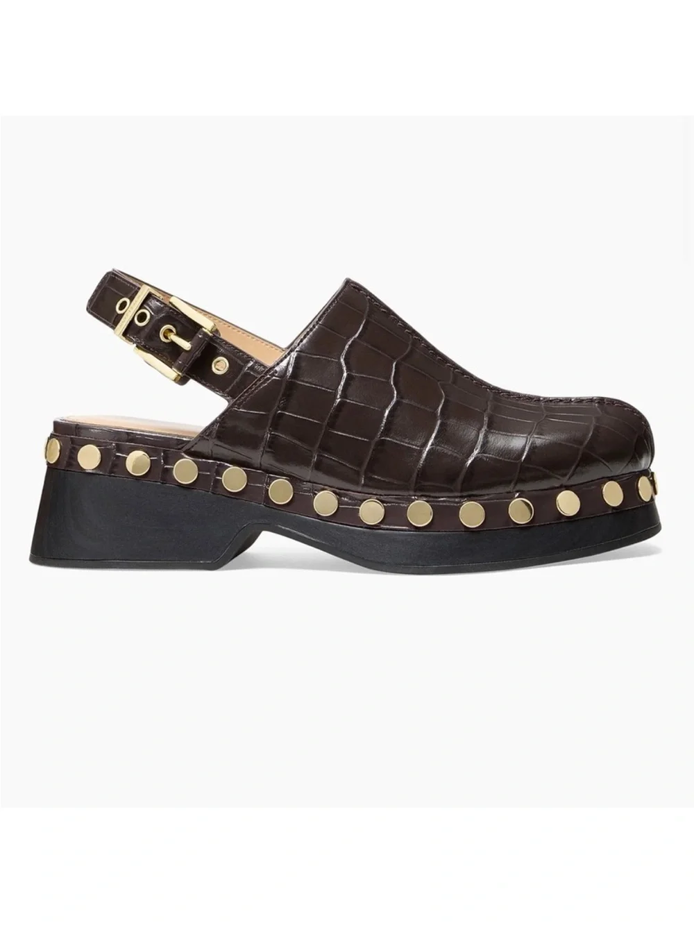 Michael Kors Esra Chocolate Leather Studded Croc Embossed Clogs Size 7.5 NEW